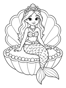 A cute mermaid princess coloring page featuring a crowned girl sitting inside a giant seashell with pearls.