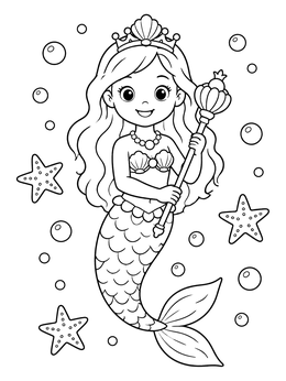 A cute mermaid princess holding a royal scepter on this sweet mermaid coloring page.