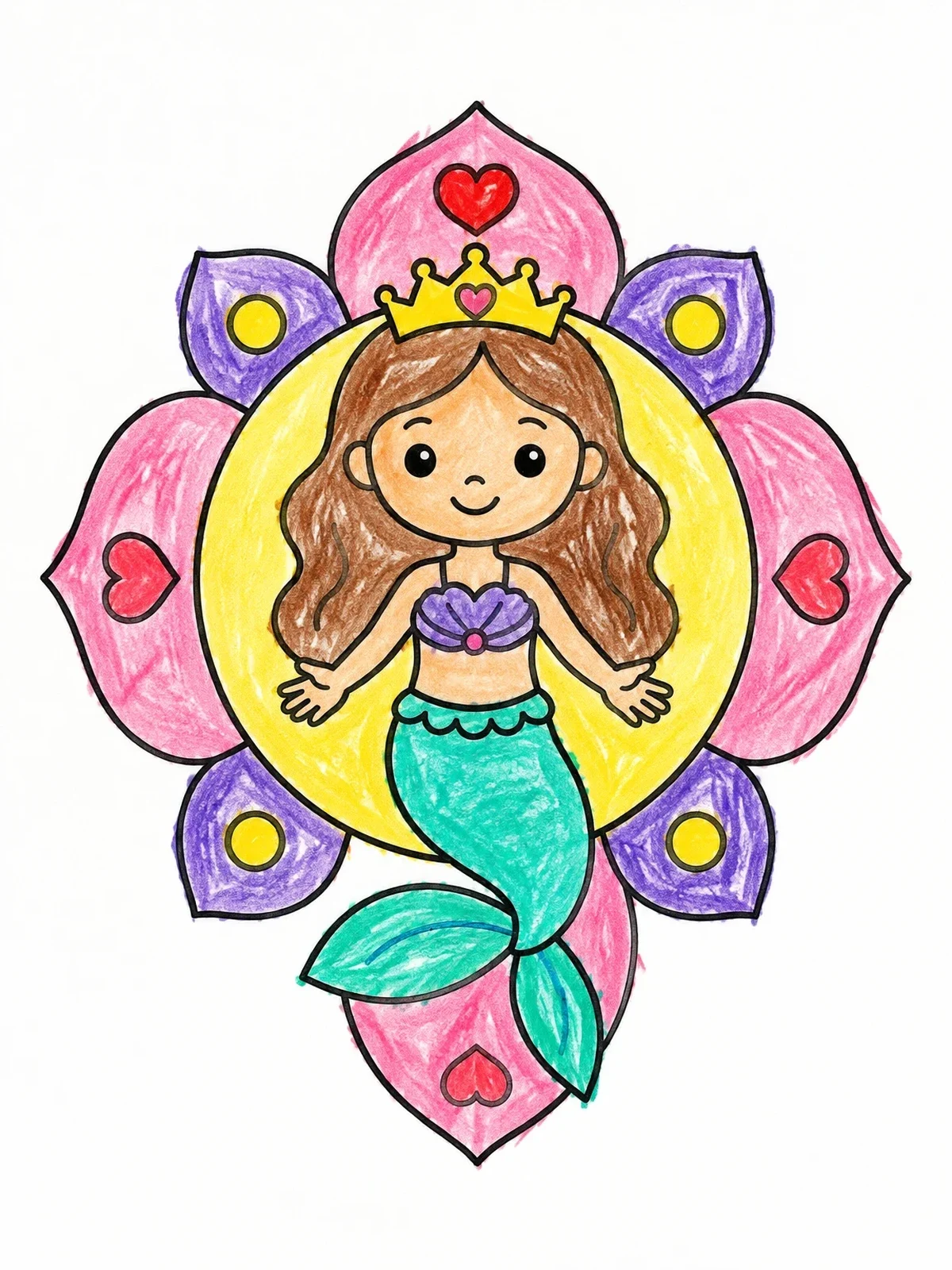 Colored example of the Mermaid Princess Mandala Emblem coloring page