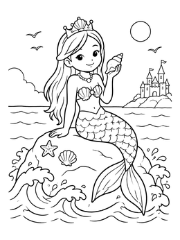 A cute princess coloring page featuring a mermaid princess holding a seashell on a sea rock.