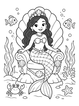 A cute mermaid princess on a seashell throne in this mermaid coloring page.