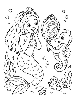 A sweet mermaid coloring page featuring a sea princess smiling into a mirror held by a cute seahorse.