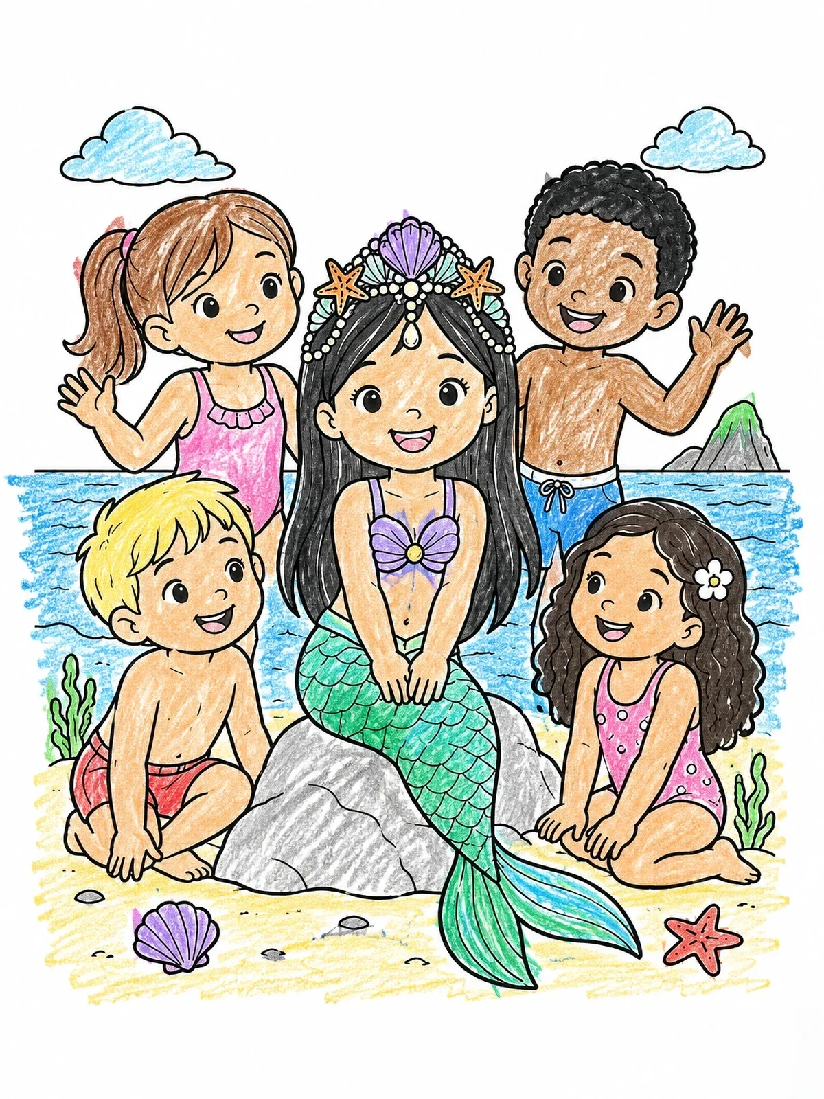 Colored example of the Mermaid Princess With Shell Crown And Friends coloring page