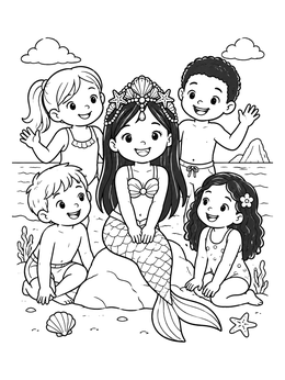 Free printable Mermaid Princess With Shell Crown And Friends coloring page