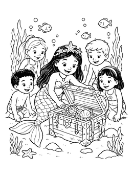 A sweet princess coloring page featuring a mermaid opening an underwater treasure chest with friends.