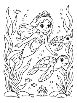 Mermaid princess coloring page swimming underwater with two friendly sea turtles.