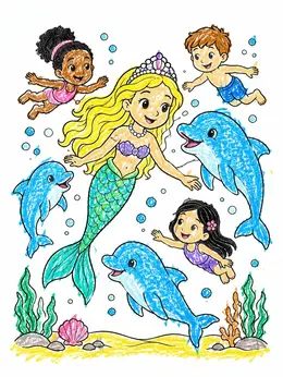 Mermaid Princess Swimming With Dolphins And Friends Coloring Page