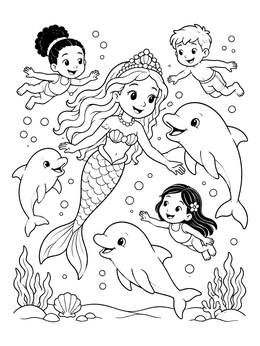 A cheerful mermaid princess coloring page featuring swimming children and friendly dolphins.