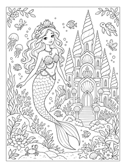 A graceful mermaid swims near her shell palace in this princess coloring page.