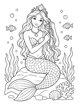 A mermaid princess coloring page featuring pearls in her hair and swimming fish.