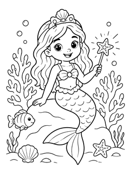 A cheerful mermaid princess coloring page featuring underwater coral and sea life.