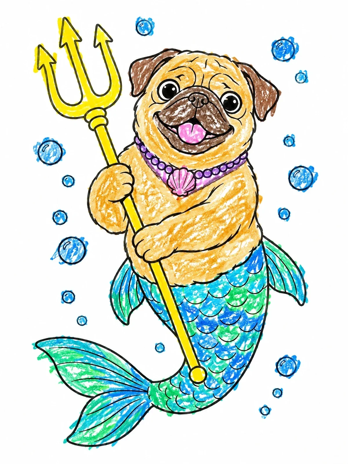 Colored example of the Mermaid Pug Holding A Trident coloring page