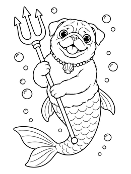 Free printable Mermaid Pug Holding A Trident coloring page