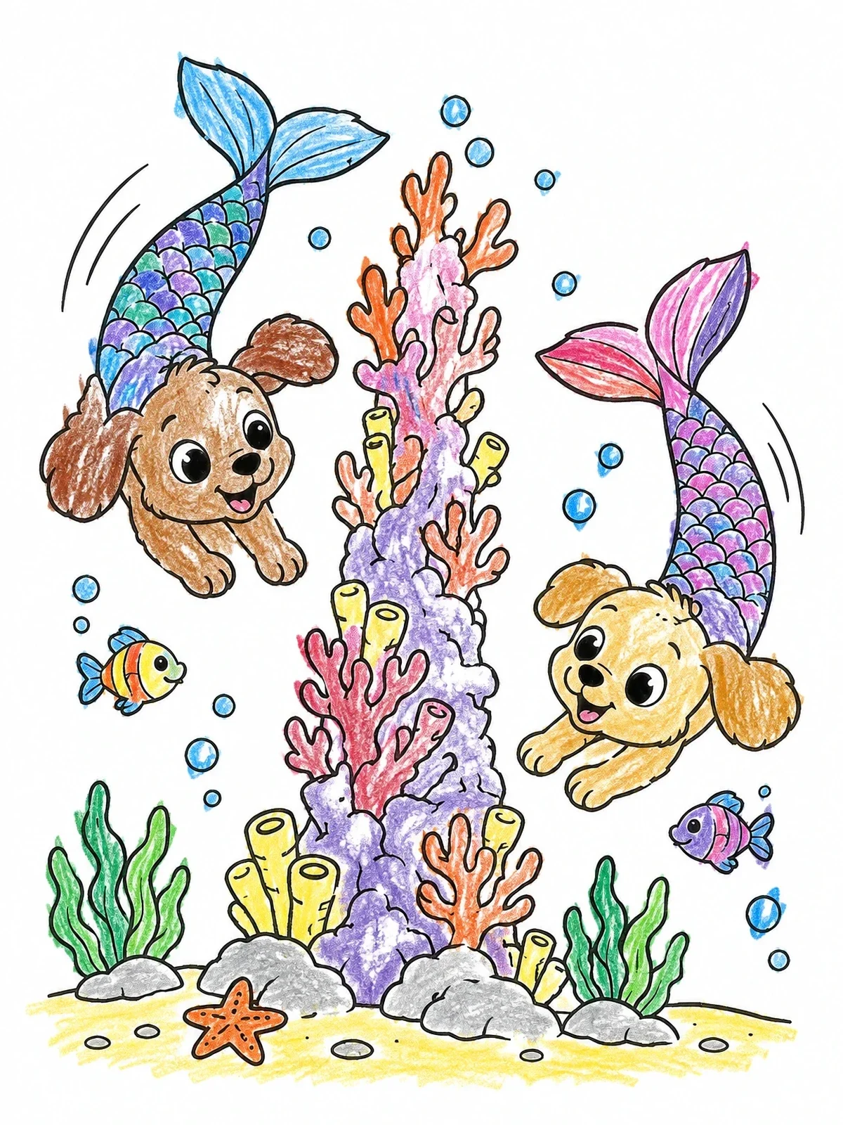 Colored example of the Playful Mermaid Puppies Swimming Around Coral coloring page