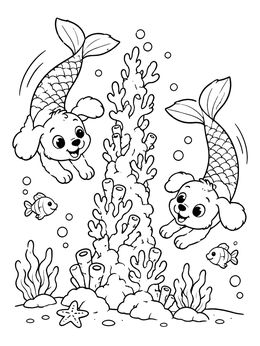 Free printable Playful Mermaid Puppies Swimming Around Coral coloring page