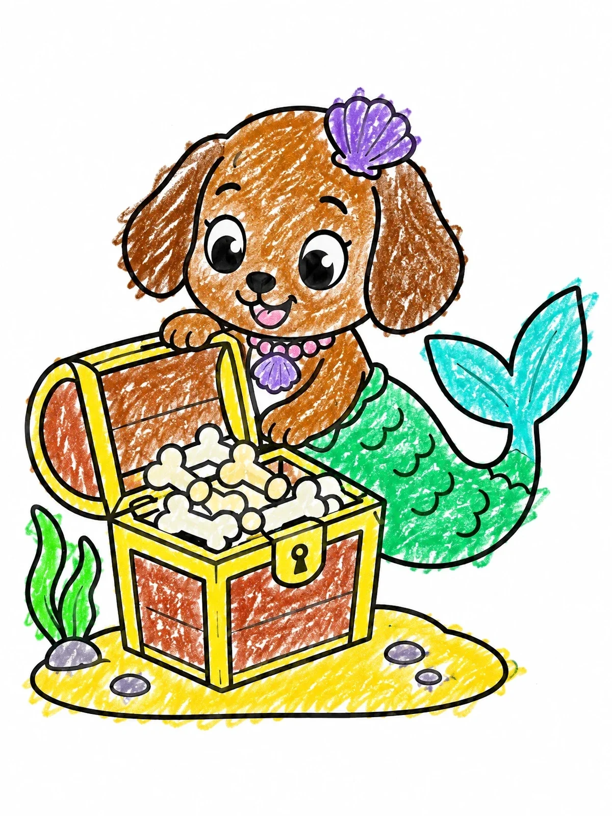 Colored example of the Mermaid Puppy With Bone Treasure Chest coloring page