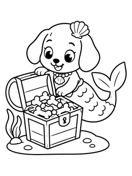 Free printable Mermaid Puppy With Bone Treasure Chest coloring page