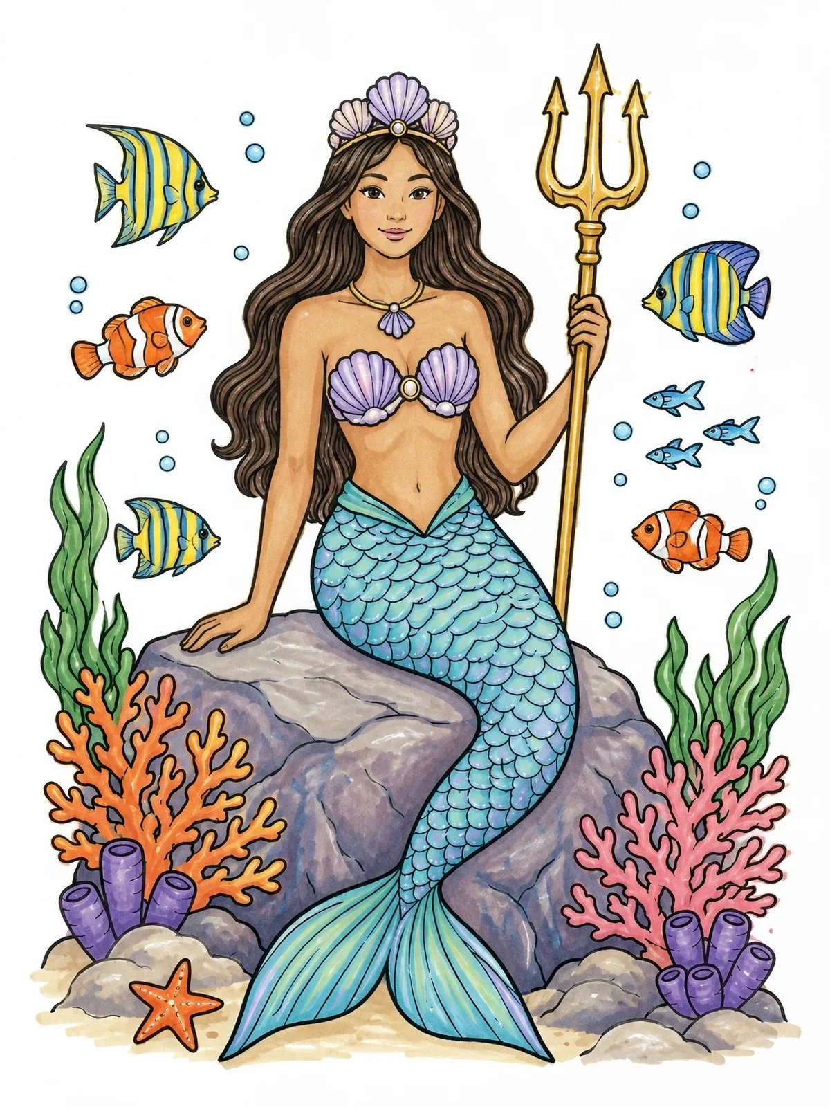 Colored example of the Mermaid Queen With Trident Under The Sea coloring page