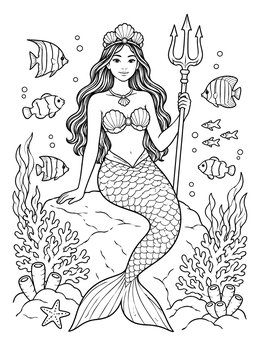 A mermaid queen coloring page featuring a seashell crown, trident, tropical fish, and coral.