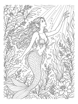 An underwater mermaid coloring page features a siren reaching up toward radiant ocean sunbeams.