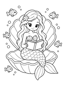 A cute mermaid coloring page showing a little mermaid reading inside an open seashell with fish around her.