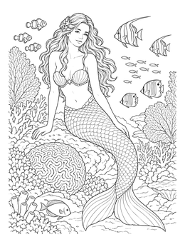 A detailed mermaid coloring page featuring tropical fish and vibrant coral formations.