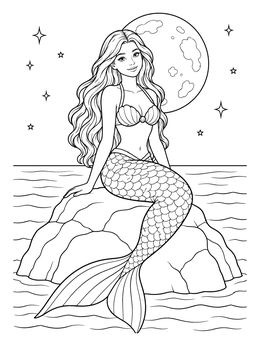 A serene mermaid coloring page featuring a full moon, starry sky, and gentle ocean waves.