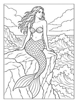 A detailed mermaid coloring page featuring a mermaid resting on a rocky cliff beside crashing waves.
