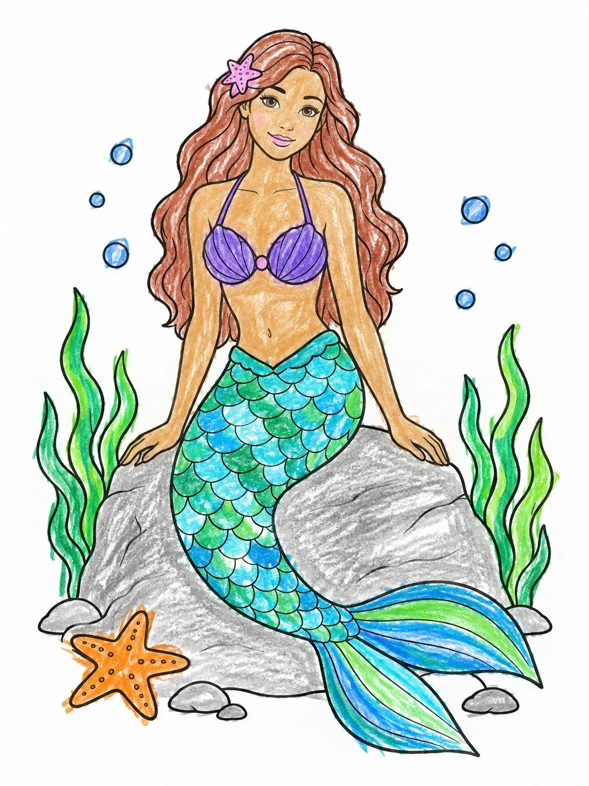 Colored example of the Mermaid Resting On Sea Rock coloring page