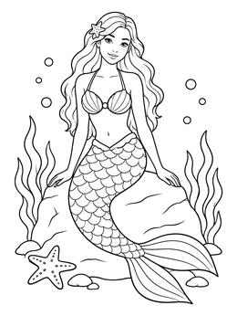 A serene mermaid and unicorn coloring page alternative showing a mermaid seated gracefully on an underwater rock.