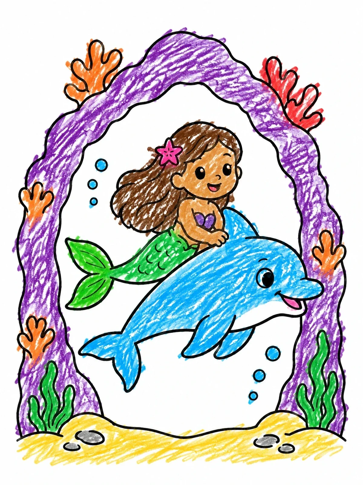 Colored example of the Mermaid Riding Dolphin Through Arch coloring page