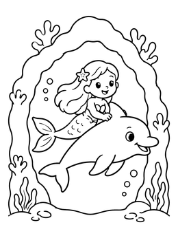 Free printable Mermaid Riding Dolphin Through Arch coloring page