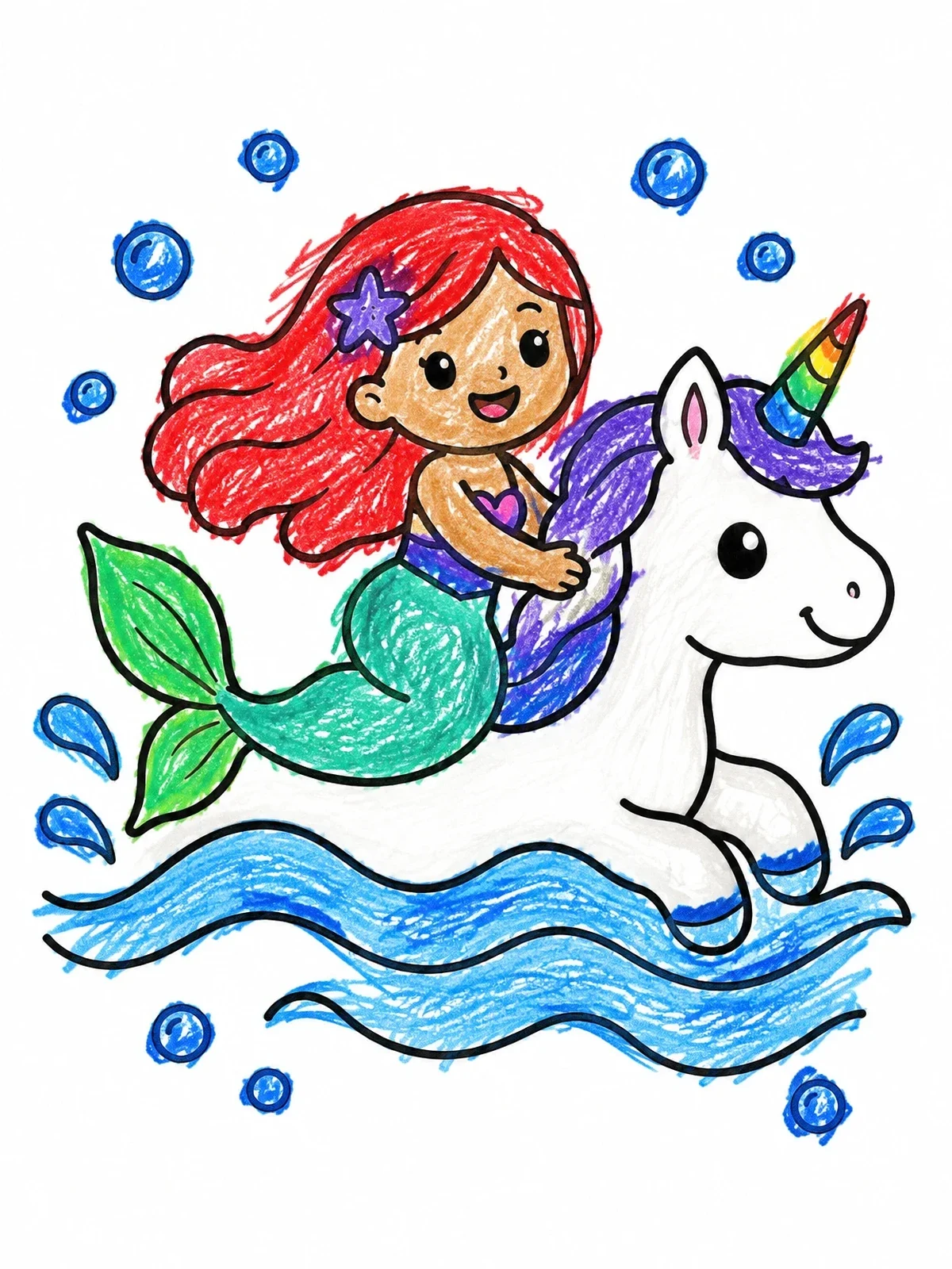 Colored example of the Mermaid Riding A Swimming Unicorn coloring page