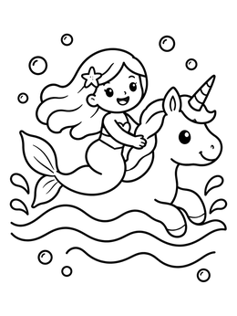 Free printable Mermaid Riding A Swimming Unicorn coloring page