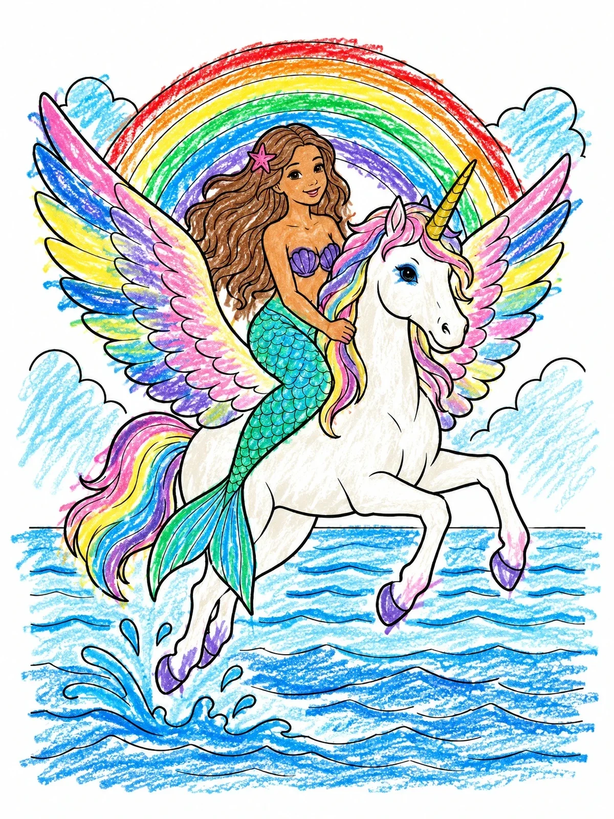 Colored example of the Mermaid Riding Winged Unicorn Over Sea coloring page