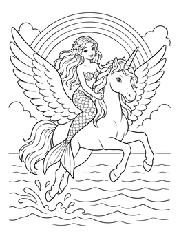A mermaid and unicorn coloring page featuring a winged unicorn leaping above the ocean under a rainbow.