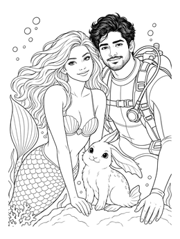 A mermaid and a scuba diver pose underwater with a cute sea bunny in this mermaid coloring page.