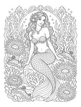 An intricate mermaid coloring page framed by blooming sea anemones, nudibranchs, and coral.