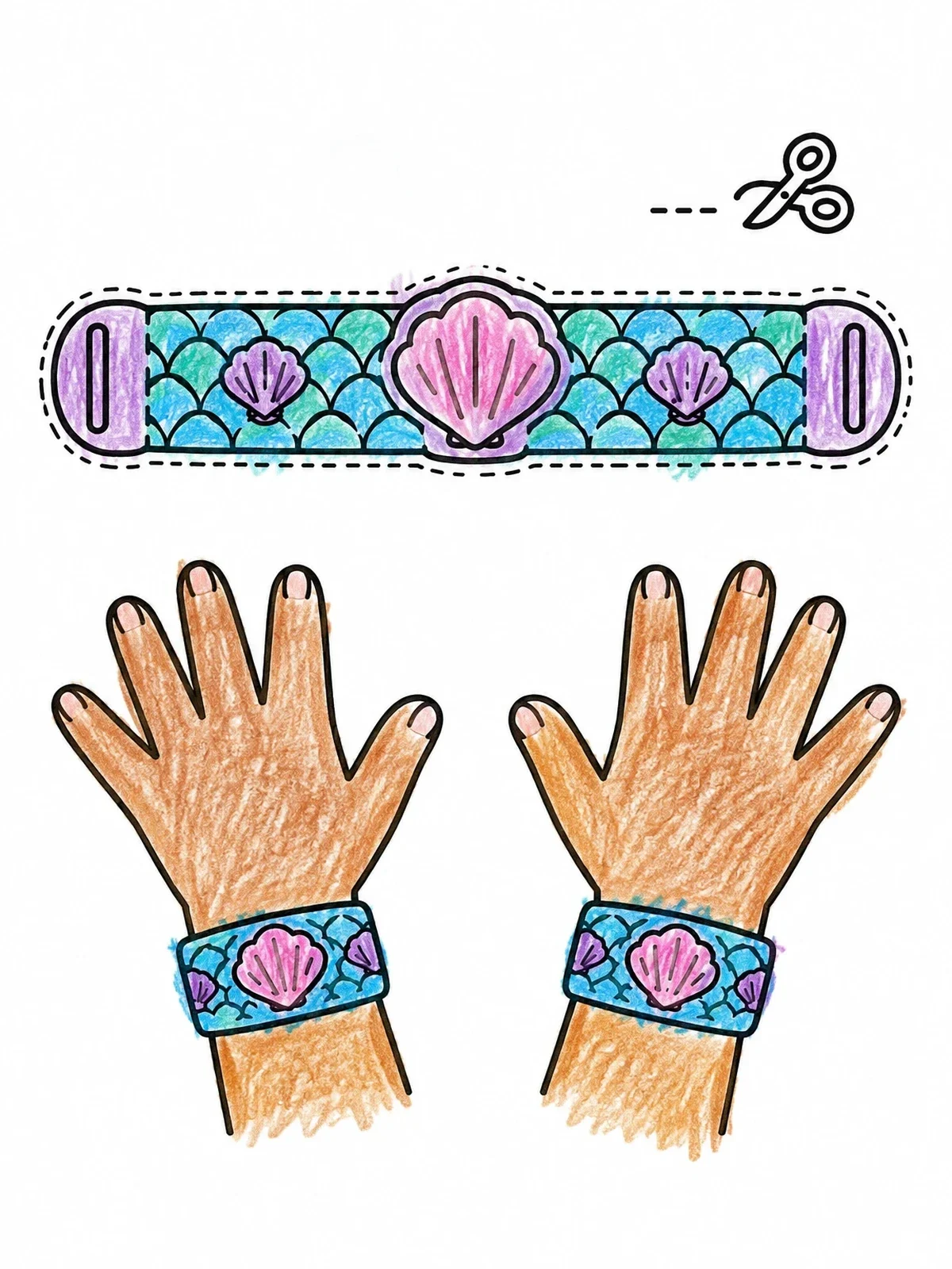 Colored example of the Mermaid Seashell Paper Bracelet Craft coloring page