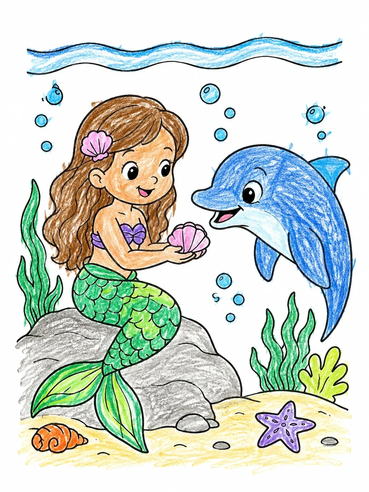 Colored example of the Mermaid Sharing Seashell With Dolphin coloring page