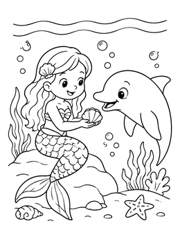 Free printable Mermaid Sharing Seashell With Dolphin coloring page
