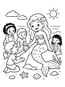 A friendly mermaid coloring page showing her sharing shells with happy children on a sunny beach.