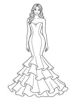 An elegant woman wearing a mermaid-cut ball gown dress coloring page with layered ruffles.