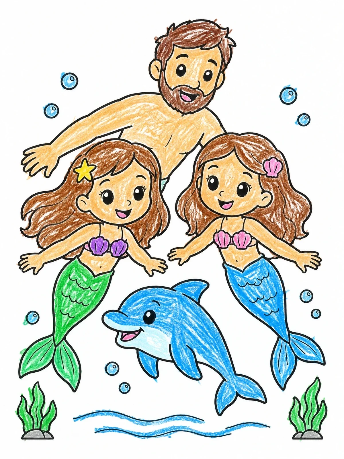 Colored example of the Mermaid Sisters Swimming With Dolphin coloring page