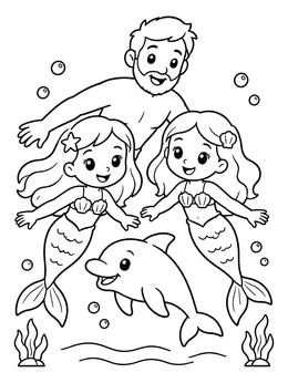 Free printable Mermaid Sisters Swimming With Dolphin coloring page