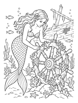 A detailed mermaid coloring page showing a siren examining an antique ship wheel near a shipwreck.