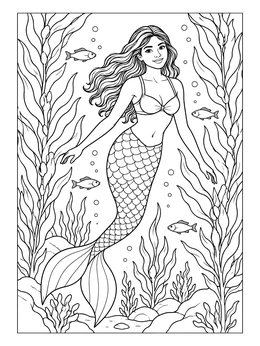 A graceful mermaid coloring page featuring swimming fish, rising bubbles, and dense underwater kelp.