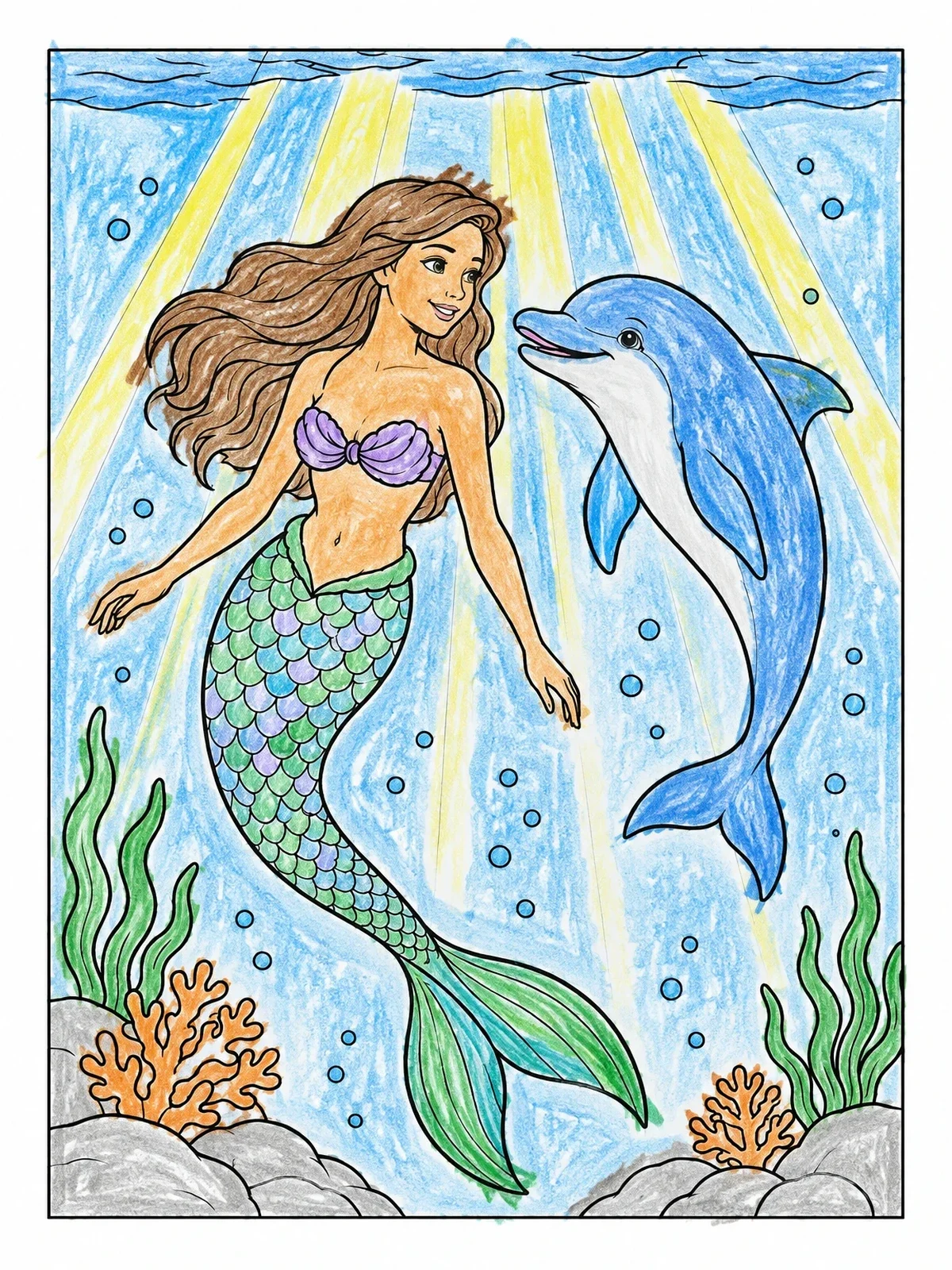 Colored example of the Mermaid Swimming With A Dolphin coloring page