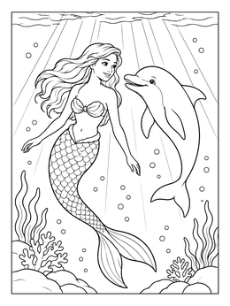 A graceful mermaid dolphin coloring page with rays of sunlight filtering through underwater coral.