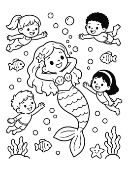 Free printable Mermaid Swimming With Happy Children coloring page